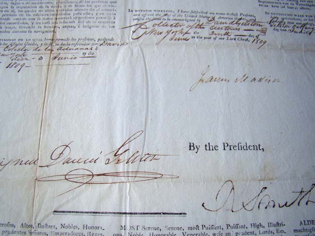 A Four Language Mediteranean Ship's Passport signed by President James Madison on June 10, 1809 — image 3
